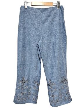 Touche Embroidered Crop Pants Blue Stretch Cotton Side Zip Women’s 8 Canada